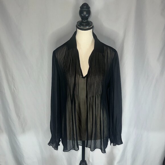 Lafayette 148 New York - Silk Sheer Top Pleated Tie Neck Pleated Size Medium - Picture 1 of 11